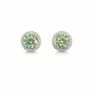 Jewelry Solid 925 Sterling Silver Green Moissanite Halo Round Stud Earring 10mm